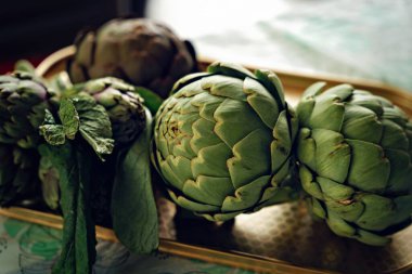 Küresel enginar yenilebilir tomurcuklar. Fransız enginarı ya da yeşil enginar tarımsal tesisi. Cynara cardunculus var. Asteraceae ailesinde scolymus. Yüksek kalite fotoğraf