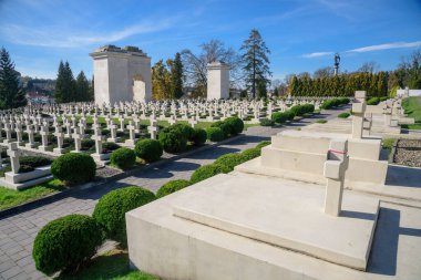 LVIV, UKRAINE - 28 Ekim 2022: Batı Ukrayna şehri Lviv 'deki Lychakiv Mezarlığı' nda Polonya askeri mezarlığının (Cmentip Orlat) görüntüsü.