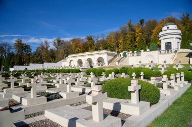 LVIV, UKRAINE - 28 Ekim 2022: Batı Ukrayna şehri Lviv 'deki Lychakiv Mezarlığı' nda Polonya askeri mezarlığının (Cmentip Orlat) görüntüsü.