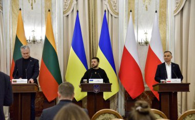 Lviv, Ukraine - January, 11. Ukrainian President Volodymyr Zelensky (C), Polish President Andrzej Duda (R), and Lithuanian President Gitanas Nauseda (L) during press conference after their meeting in the Western Ukrainian city of Lviv, Ukraine, 11 Ja