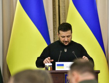 Lviv, Ukraine - January, 11. Ukrainian President Volodymyr Zelensky during press conference after their meeting in the Western Ukrainian city of Lviv, Ukraine, 11 January 2023. Andrzej Duda, Volodymyr Zelensky and Gitanas Nauseda arrived in Lviv to m