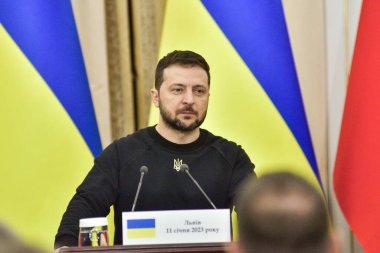 Lviv, Ukraine - January, 11. Ukrainian President Volodymyr Zelensky during press conference in Ukrainian city of Lviv, Ukraine, 11 January 2023. Text translate: Lviv, January 11, 2023.