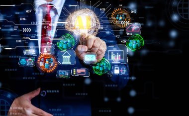 Teknoloji, modern bulut hareketliliği, Wi-Fi, alışveriş, ulaşım ve finansal işlemler dünyasına bağlanan yapay zeka gösteren bir işadamı. Borsa Geleceğin küresel teknoloji ağı konsepti