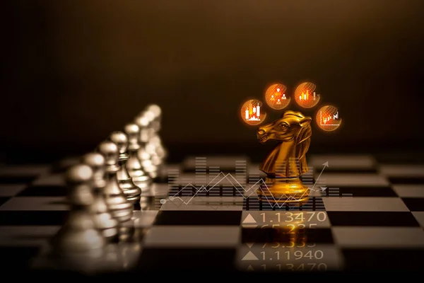 黄金のチェスは 将来の勝利のためにあなたの対戦相手のビジネス戦略を使用する 遊びの計画解決策を考えなさい チームとして働く チェスの概念は成功とチームの仕事を表す — ストック写真