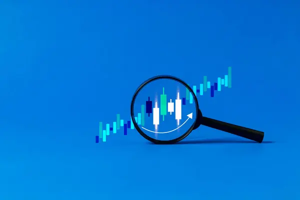 magnifying glass, check Concepts for searching for financial and investment information Magnifying glass and zoom and check to candlestick chart of stock market data Check stock market analysis Search for stock information.