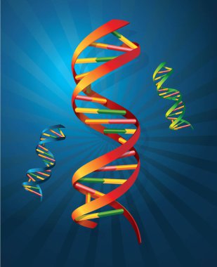 DNA ikonu. DNA sembolü. 3 boyutlu DNA sarmal sembolü. Gen ikonu. Mavi arkaplanda vektör illüstrasyonu.