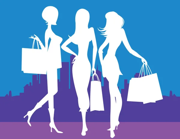 Gruppe Von Frauen Einkaufen Die Mehr Als Ständer Mit Silhouette — Stockvektor