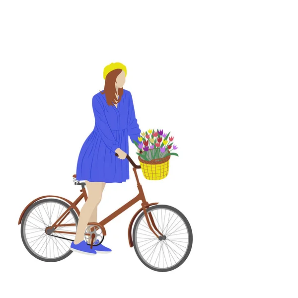 Девушка Велосипедом Цветами Векторная Иллюстрация Плоском Стиле Использоваться Открыток Сувениров — стоковый вектор