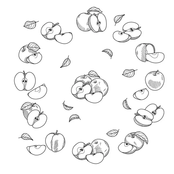 Ensemble Pommes Avec Feuilles Entières Moitiés Tranches Illustration Vectorielle Sous — Image vectorielle