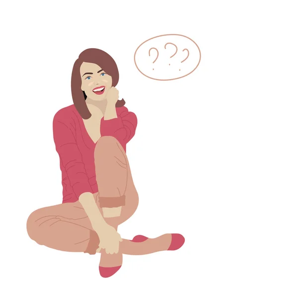 Beautiful Young Girl Sits Thinks Vector Illustration Flat Style — Stock Vector