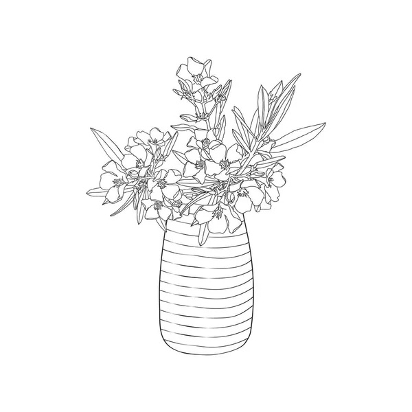 Bouquet Oleander Flower Vase Hand Draw Vector Coloring Page — Stock Vector