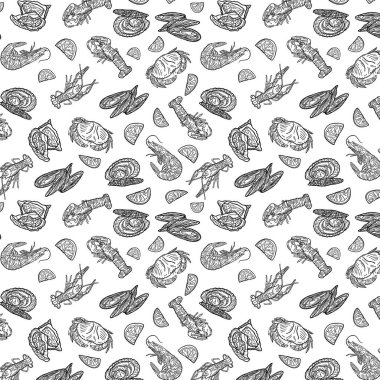 Kusursuz sonsuz deniz ürünleri deseni. Elle çizilmiş bir resim. Paketler, kapaklar, arka planlar, kartlar, tekstil, giysiler, hatıralar ve daha fazlası için kullanılabilir..