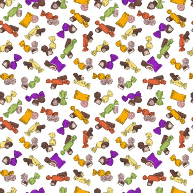 Kusursuz sonsuz şeker deseni. Elle çizilmiş bir resim. Paketler, kapaklar, arka planlar, kartlar, tekstil, giysiler, hatıralar ve daha fazlası için kullanılabilir..