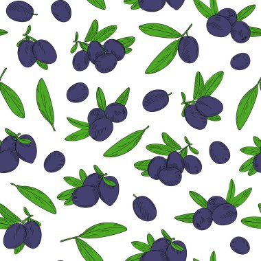 Kusursuz sonsuz zeytin deseni. Elle çizilmiş bir resim. Paketler, kapaklar, arka planlar, kartlar, tekstil, giysiler, hatıralar ve daha fazlası için kullanılabilir..