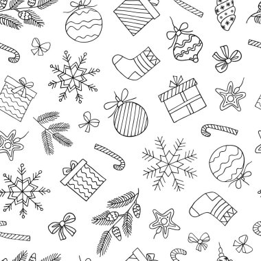 Köknar dalları, oyuncaklar, hediyeler, Noel ağacı oyuncakları, hediye kutuları ve kar taneleri. Elle çizilmiş bir resim. Kartpostal, kapak, kalıp, arka grup oluşturmak için kullanılabilir