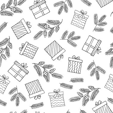 Köknar dalları, oyuncaklar, hediyeler, Noel ağacı oyuncakları, hediye kutuları ve kar taneleri. Elle çizilmiş bir resim. Kartpostal, kapak, kalıp, arka grup oluşturmak için kullanılabilir