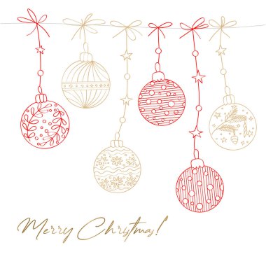 Noel ağacı topları seti. Eskiz tarzında beyaz bir arkaplanda kış çizimi. Kart, davetiye, arkaplan, kalıp, boyama sayfaları oluşturmak için kullanılabilir.