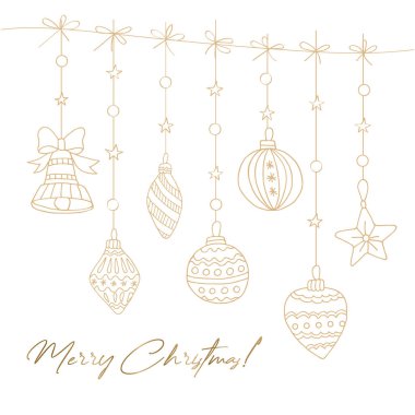 İpte altın ve gümüş Noel ağacı topları. El çizimi bir kış illüstrasyonu. Kart, davetiye, arkaplan, kalıp, boyama sayfaları oluşturmak için kullanılabilir.