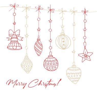 Yılbaşı ve Noel için ağaçtaki kırmızı ve altın toplardan kışın illüstrasyon. Kart, davetiye, arkaplan, kalıp, boyama sayfaları oluşturmak için kullanılabilir.