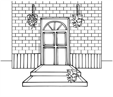 Merdivenli ve çiçekli ev cephesi. Beyaz arkaplanda elle çizilmiş illüstrasyon.