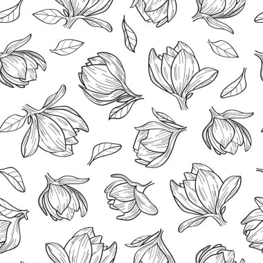 Manolya çiçeklerinin kusursuz deseni. Beyaz arkaplanda elle çizilmiş illüstrasyon.