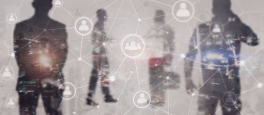 Sosyal medya. İnsan ilişkileri ve organizasyon yapısı. İş ve iletişim teknolojisi kavramı. Siluetli arkaplan.