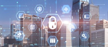 Cyber security theme with blurred city background.