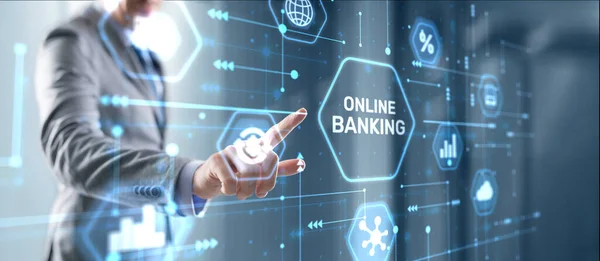 Banking Online Internet Payment Technology Businessman Presses Button Banking — Stock Photo, Image