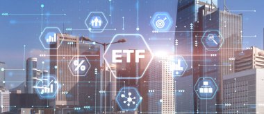 ETF Exchange traded fund Investment finance concept on city background.