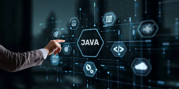 Businessman clicks Java programming language application concept on virtual screen.