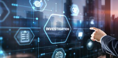 Investigation Business concept. Man presses investigations button on a virtual screen.