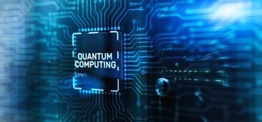 Kuantum hesaplama konsepti. 3d Elektronik Devre Tahtası Çipindeki Yazı.