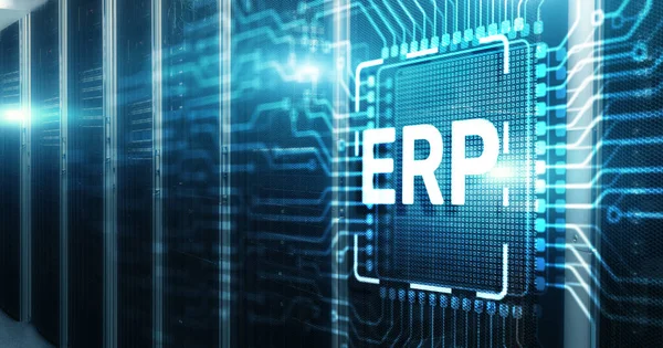 Enterprise Resource Planning ERP Corporate concept. Inscription on 3d Electronic Circuit Board Chip.