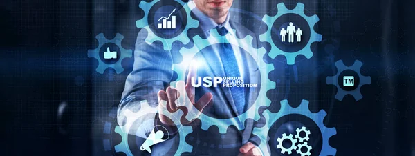 Unique Selling Point Hand Touching Usp Inscription New Technology Concept — 图库照片