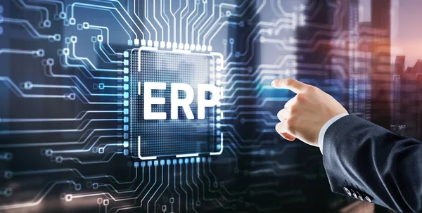 Tapping on the inscription Enterprise Resource Planning ERP Corporate concept. Abstract background on server room background.