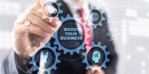 Boost Your Business Virtual Screen Gears Business Technology Internet Network — Stockfoto