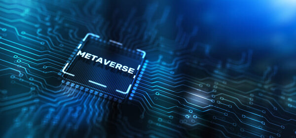 Inscription metaverse on processor icon. Global Internet connection metaverse.