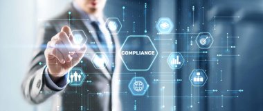 Businessman clicks Compliance Rules Law Business Technology concept.