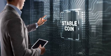 Man clicks on the inscription: Stable Coin. Stablecoins Cryptocurrencies Stable Market Price Value Coin Currency. clipart