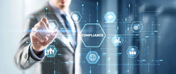 Businessman Clicks Compliance Rules Law Business Technology Concept — Fotografia de Stock