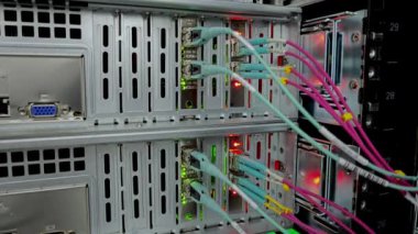 Veri merkezindeki raflara ağ kabloları yerleştirildi. Ethernet kablosu