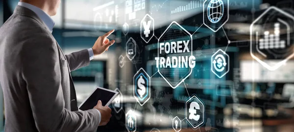 Empresário Tocando Dedo Tela Virtual Selecionando Forex Trading — Fotografia de Stock