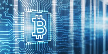 Bitcoin Kripto para birimi konsepti. Madencilik fabrikası. 3d Elektronik devre kartı yongası.
