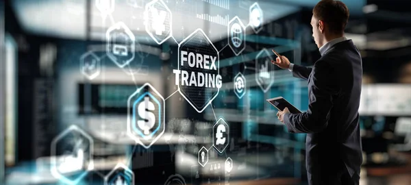 Empresário Tocando Dedo Tela Virtual Selecionando Forex Trading — Fotografia de Stock
