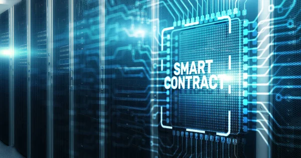Inscription Smart contract, blockchain in modern business technology on Electronic Circuit Board Chip CPU.
