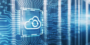 Bulut hesaplama konsepti. Buluta bağlan. 3d Elektronik devre kartı yongası.