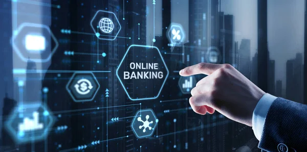 Banking Online Internet Payment Technology Businessman Presses Button Banking — Fotografia de Stock