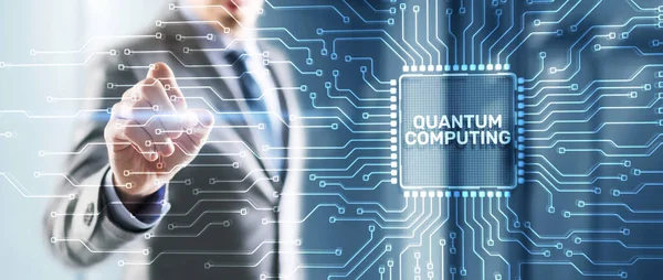 Quantum Computing Concept Inscription Processor Icons Clicking Virtual Screen — Stock Photo, Image