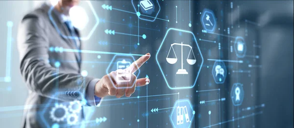 Conceito Justiça Direito Advogado Empresário Usando Tecnologia Digital Interface Inovação — Fotografia de Stock