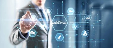 Businessman presses a button on the virtual screen: Lead generation.